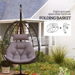 OUTSUNNY Garden Egg Chair Outdoor Hanging Swing Chair, Folding Basket, Grey - thumbnail 5