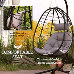 OUTSUNNY Garden Egg Chair Outdoor Hanging Swing Chair, Folding Basket, Grey - thumbnail 4