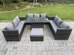 Fimous 10 Seater Rattan Garden Furniture Sofa Set Outdoor Adjustable Rising Lifting Dining Table Set with Big Footstool in Dark Grey - thumbnail 1