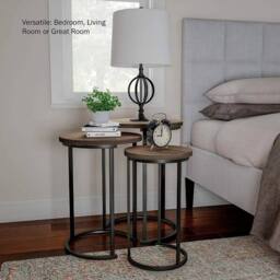 KORVIXA Set 3 Round Vintage Wood/Steel Nesting Coffee Tables in Brown - thumbnail 5