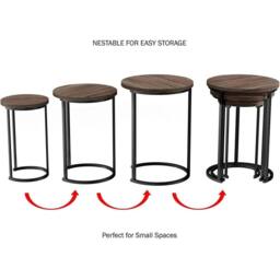 KORVIXA Set 3 Round Vintage Wood/Steel Nesting Coffee Tables in Brown - thumbnail 4