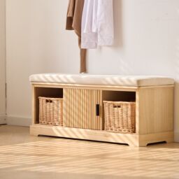 Nordlys Wooden Entryway Bench with 1 Door & 2 Storage Compartments with Baskets in Brown - thumbnail 2