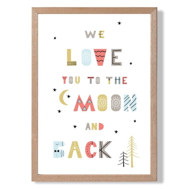 ARTZE Cute Love you to the Moon Scandi Quote Framed Print SIZE: A3 with Oak Frame in Pale Blue - Size: A4 - image 1