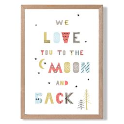 ARTZE Cute Love you to the Moon Scandi Quote Framed Print SIZE: A3 with Oak Frame in Pale Blue - Size: A4