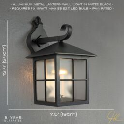 Happy Homewares Classic Matte Black Die-Cast Aluminium Metal Exterior Lantern Light Fitting - thumbnail 6