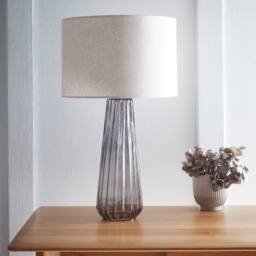 K LIVING Palma Smoke Glass Table Lamp with Linen Shade in Grey