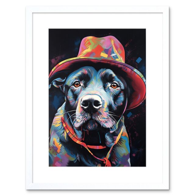 "Artery8 Wall Art Print Pit Bull Terrier Dog Red Cowboy Hat Portrait Artwork Framed 9X7 Inch in White - Size: W7"" x H9""" - image 1