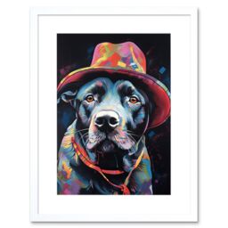 "Artery8 Wall Art Print Pit Bull Terrier Dog Red Cowboy Hat Portrait Artwork Framed 9X7 Inch in White - Size: W7"" x H9""" - thumbnail 1