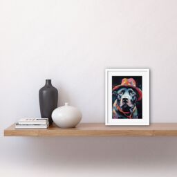 "Artery8 Wall Art Print Pit Bull Terrier Dog Red Cowboy Hat Portrait Artwork Framed 9X7 Inch in White - Size: W7"" x H9""" - thumbnail 2