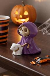 Living and Home Adorable Halloween Skull Grim Reaper Walking Dog Figurine in Purple - thumbnail 3