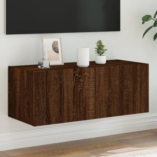 Berkfield Home TV Wall Cabinet with LED Lights Brown Oak 80x35x31 cm - Size: 80 x 35 x 31 cm - image 1
