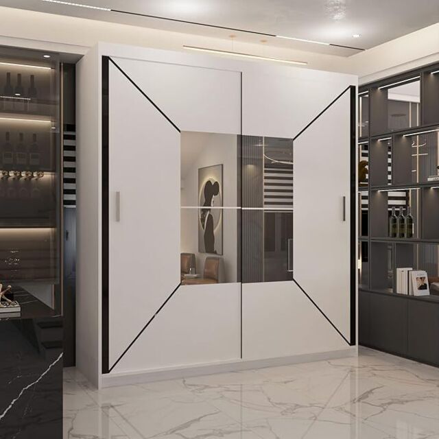 Sliding Wardrobes 4U Modern Double Sliding Wardrobe with LED Light W 203 x H 217 x D 62 in White - image 1