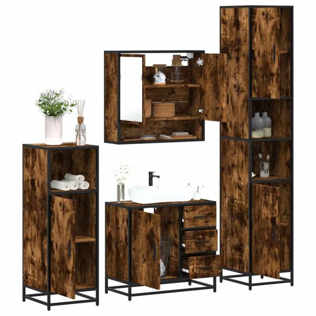 Berkfield Home 4¬†Piece Bathroom Furniture Set¬†Smoked Oak Engineered Wood in Brown - image 1