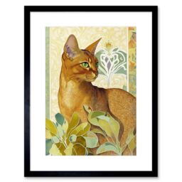 "Artery8 Wall Art Print Abyssinian Cat with Plants Art Nouveau Bright Modern Watercolour Artwork Framed 9X7 Inch in Black - Size: W7"" x H9""" - thumbnail 1