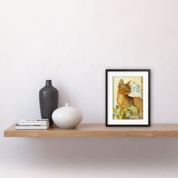 "Artery8 Wall Art Print Abyssinian Cat with Plants Art Nouveau Bright Modern Watercolour Artwork Framed 9X7 Inch in Black - Size: W7"" x H9""" - thumbnail 2