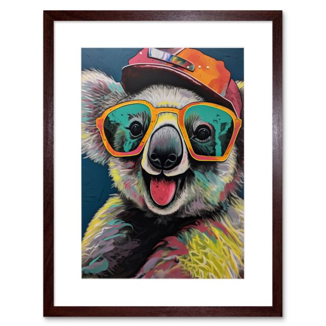 "Artery8 Wall Art Print Happy Koala Bear Sunglasses & Hat Modern Pop Artwork Framed 9X7 Inch in Brown - Size: W7"" x H9""" - image 1