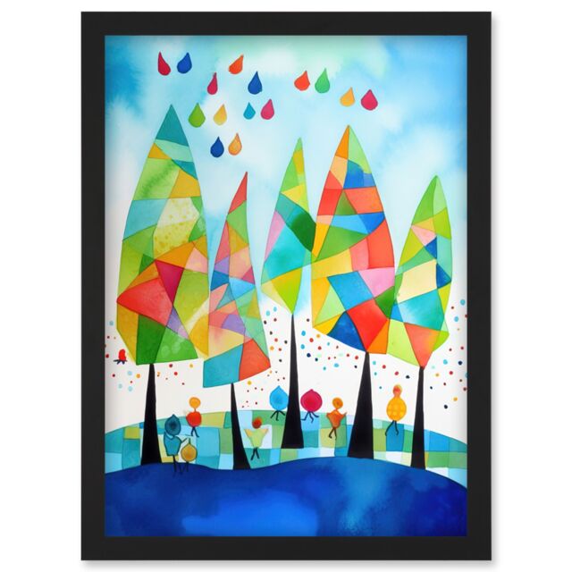 Artery8 Abstract Autumn Trees Folk Art Artwork Framed Wall Art Print A4 in Black - image 1