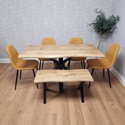 KOSY KOALA Modern Dining Table with 4 Mustard Gem Faux Leather Chairs & 1 Bench