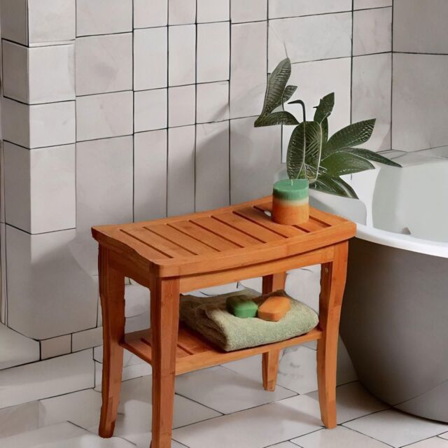 FURNOS 2 Tier Bamboo Side Table Shower Stool in Natural - image 1