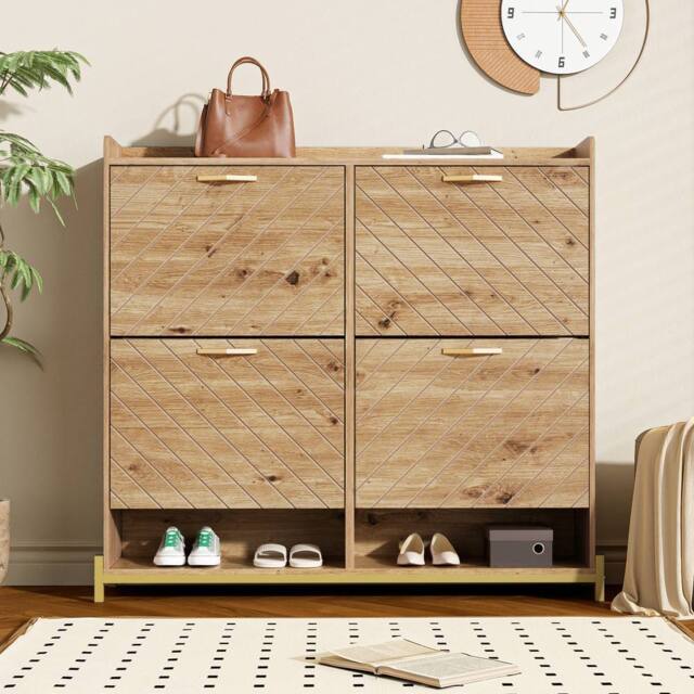 Merax Space-Saving 108.5cm Wooden Shoe Cabinet with 4 Tilt-Out Doors in Natural - image 1