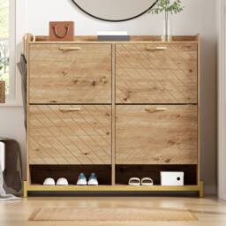 Merax Space-Saving 108.5cm Wooden Shoe Cabinet with 4 Tilt-Out Doors in Natural - thumbnail 3