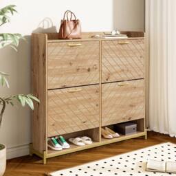 Merax Space-Saving 108.5cm Wooden Shoe Cabinet with 4 Tilt-Out Doors in Natural - thumbnail 6