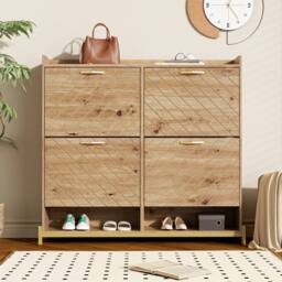 Merax Space-Saving 108.5cm Wooden Shoe Cabinet with 4 Tilt-Out Doors in Natural