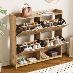 Merax Space-Saving 108.5cm Wooden Shoe Cabinet with 4 Tilt-Out Doors in Natural - thumbnail 7