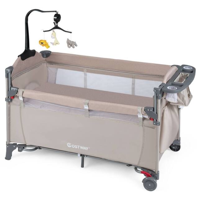 Costway 5-in-1 Baby Bassinet Bedside Sleeper Portable Pack & Play in Khaki - image 1
