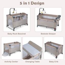 Costway 5-in-1 Baby Bassinet Bedside Sleeper Portable Pack & Play in Khaki - thumbnail 6