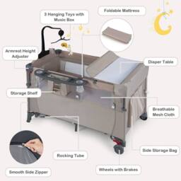 Costway 5-in-1 Baby Bassinet Bedside Sleeper Portable Pack & Play in Khaki - thumbnail 5