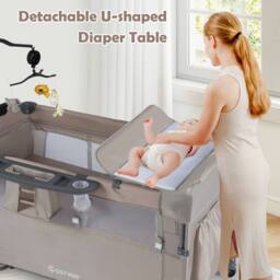 Costway 5-in-1 Baby Bassinet Bedside Sleeper Portable Pack & Play in Khaki - thumbnail 4