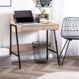 Wyld and Coco Nordic Desk 77 x 46 cm Light Brown with Black Steel Base and 2 Drawers - thumbnail 1