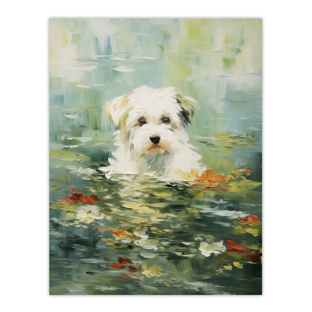 "Artery8 Havanese Dog & Water Lilies Claude Monet Style Oil Painting Unframed Wall Art Print Poster Home Decor Premium - Size: W12"" x H16""" - image 1
