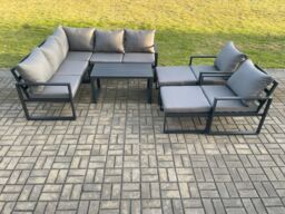 Fimous 9 Seater Aluminium Outdoor Garden Furniture Set Patio Lounge Sofa with Oblong Coffee Table 2 Big Footstools Dark Grey - thumbnail 2