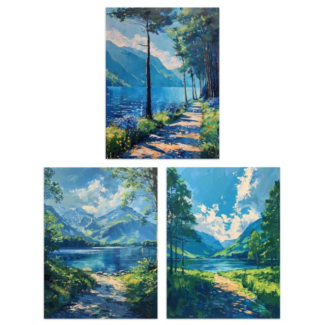 "Artery8 Set of 3 Loch Katrine Scottish Highlands Painting A4 Size Art Prints in Blue - Size: W12"" x H16""" - image 1