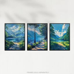 "Artery8 Set of 3 Loch Katrine Scottish Highlands Painting A4 Size Art Prints in Blue - Size: W12"" x H16""" - thumbnail 5