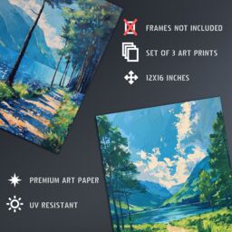 "Artery8 Set of 3 Loch Katrine Scottish Highlands Painting A4 Size Art Prints in Blue - Size: W12"" x H16""" - thumbnail 4
