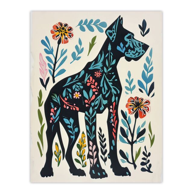 "Artery8 Great Dane Dog Lover Floral Folk Art Pattern Wall Art Print in Blue - Size: W18"" x H24""" - image 1