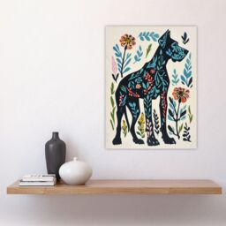 "Artery8 Great Dane Dog Lover Floral Folk Art Pattern Wall Art Print in Blue - Size: W18"" x H24""" - thumbnail 4