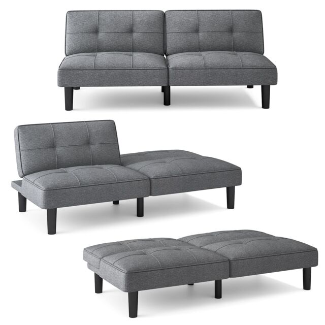 Gymax Convertible Sofa for 2-3 Bed Modern Linen Fabric Upholstered Futon in Grey - image 1