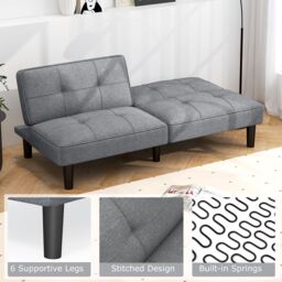 Gymax Convertible Sofa for 2-3 Bed Modern Linen Fabric Upholstered Futon in Grey - thumbnail 9