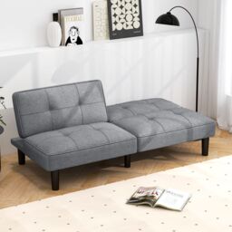 Gymax Convertible Sofa for 2-3 Bed Modern Linen Fabric Upholstered Futon in Grey - thumbnail 3