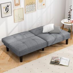 Gymax Convertible Sofa for 2-3 Bed Modern Linen Fabric Upholstered Futon in Grey - thumbnail 8