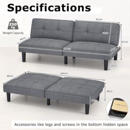 Gymax Convertible Sofa for 2-3 Bed Modern Linen Fabric Upholstered Futon in Grey - thumbnail 2