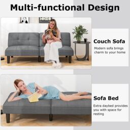 Gymax Convertible Sofa for 2-3 Bed Modern Linen Fabric Upholstered Futon in Grey - thumbnail 6