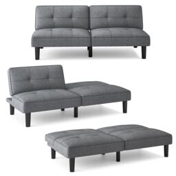 Gymax Convertible Sofa for 2-3 Bed Modern Linen Fabric Upholstered Futon in Grey - thumbnail 1