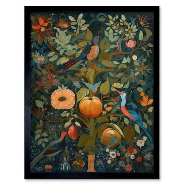 "Artery8 Wall Art Print Birds on Blooming Peach Tree in Modern Folk Art Framed in Black - Size: W12"" x H16""" - image 1