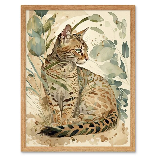"Artery8 Wall Art Print Spotted Fur Coat Bengal Cat in Nature Pastel Watercolour Art Framed in Light Oak - Size: W12"" x H16""" - image 1