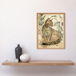 "Artery8 Wall Art Print Spotted Fur Coat Bengal Cat in Nature Pastel Watercolour Art Framed in Light Oak - Size: W12"" x H16""" - thumbnail 2